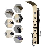 BWE Shower Panel Tower 304 Stainless Steel with 6 Body Jets and 2 Mist Sprays Brushed Gold Rainfall Shower and Handheld Shower Shower System with Temperature Digital Display