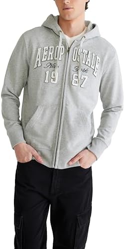 AEROPOSTALE Men's Aero Logo Full Zip Hoodie-Arch, Light Heather