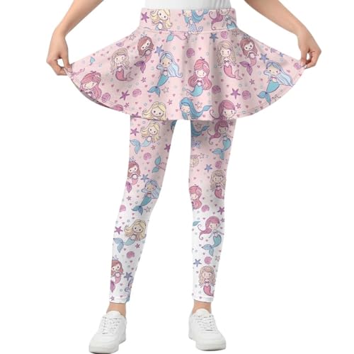 GWDDCMGYH Girl's Athletic Leggings with Skirt Attached, Skirted Leggings for Kids School Uniform, Girls' Activewear Skorts Fashion Mermaid Print Children Yoga Pants