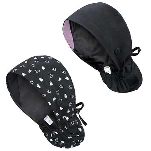 Image of Satin Lined Scrub Cap for Women, Bouffant Nurse Cap with Sweatband and Buttons, Adjustable Surgical Hat for Curly Hair, Braids, Long Hair and Buns, Blk+Tooth blk