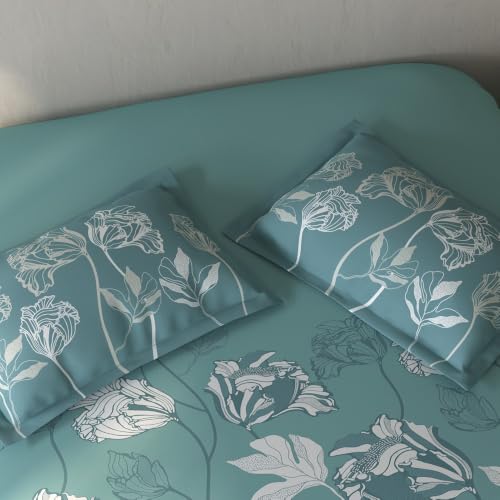 Image of Spaces Fiora Floral Single Bedsheet with 1 Pillow Covers | 100% Cotton Bed Sheet | Percale Bedding Set | Super Soft & Breathable Bedsheet | Light Teal | 152 x 228 Cm