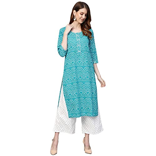 Image of anubhutee Women Cotton Turquoise Blue White Bandhani Print Kurta & Palazzo