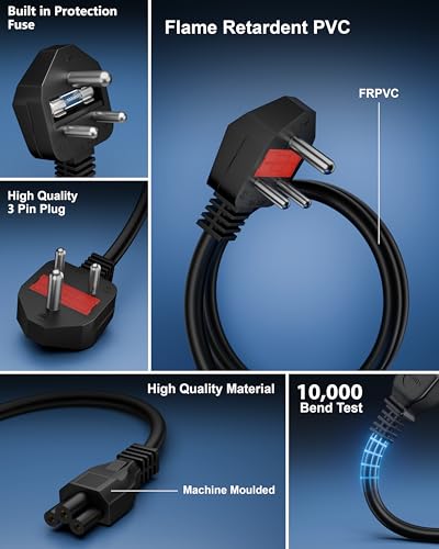 Image of FEDUS 1.8 Meter (5.9 Feet) Long Laptop Power Cord with Protection Fuse, 2500 Watt 3 Pin IEC C5 Charger Adapter Cable Wire AC Lead for Asus /Dell /HP /Lenovo /ASUS /Acer /Samsung /Compaq & All Gaming Laptop