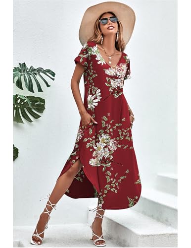 Image of Ekouaer Long Nightgowns for Women Short Sleeve House Dress with Pockets V Neck Sleepshirts Side Split Sleepwear S-4XL
