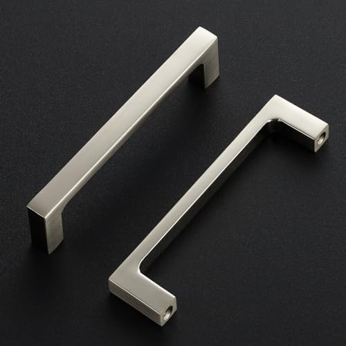 Image of Ravinte Brushed Nickel Kitchen Cabinet Solid Handles,4 Inch,5 Pack | Solid Zinc Alloy, Modern Slim Style, Square Design, Deep-Thread Firm Base, Screws Included, for Kitchen Drawers & Cupboards