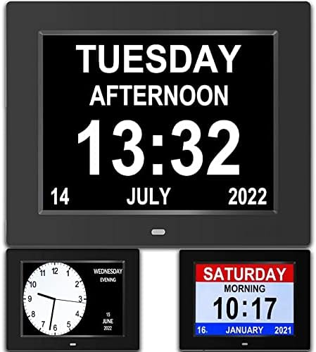 AINFTIME Clock with Day and Date for Elderly-3 Colors Display Digital Calendar Alarm Day Clock Dementia Alzheimers Clock with Extra Large Display (8in Black)