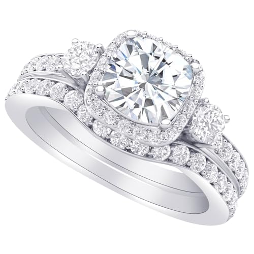 1-8 Carat (ctw) White Gold Cushion Cut LAB GROWN Diamond Cushion Cut Halo Diamond Wedding Bridal Set Ring With Side Stones (Color H-I Clarity VS1-VS2)