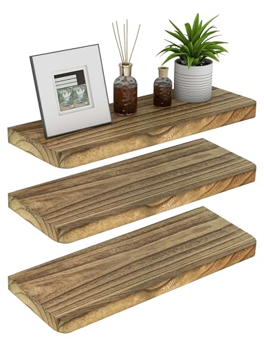 YLYHSST Floating Shelves 16 Inches, Set of 3 Rustic Wood Wall Mounted Shelves, Wall Picture Ledge Shelf with Invisible Metal Brackets for Living Room, Bedroom, Bathroom, Carbonized Black