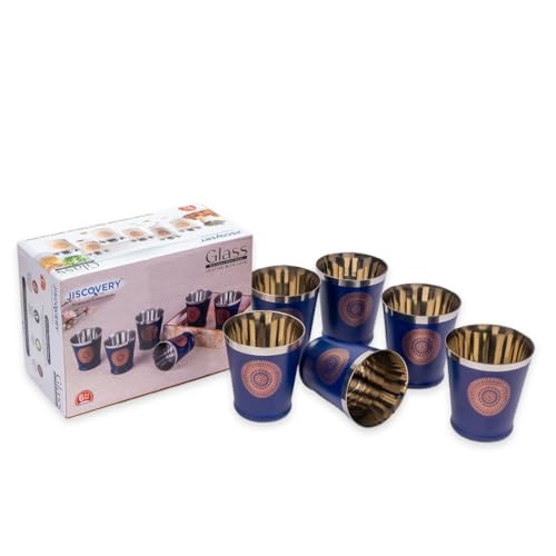 Image of JISCOVERY Stainless Steel Printed Glasses Set of 6 for Water, Milk, Lassi & Juice| Serving Glass Set| Designer Glass Tumblers| Capacity- 300 ML (Each) (Blue, Bucket)
