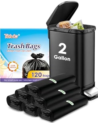 2 Gallon 120 Counts Small Strong Black Trash Bags Garbage Bags by Teivio,Small Waste Basket Liner, Bathroom Trash Can Bin Liners, Plastic Bags for home office kitchen,Black