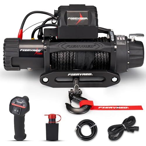 FieryRed 13000 lb Winch, 12V IP67 Waterproof Electric Trailer Winch with Synthetic Rope, 2in1 Wireless Remote Control, Hawse Fairlead for Off Road Vehicle Towing Jeep Truck