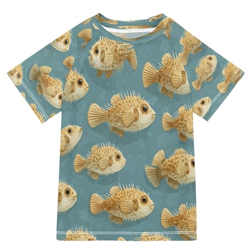 Boys Short Sleeve T-Shirts Real Puffer Fish Rashguard Kids Swim Shirts Sun UPF 50+