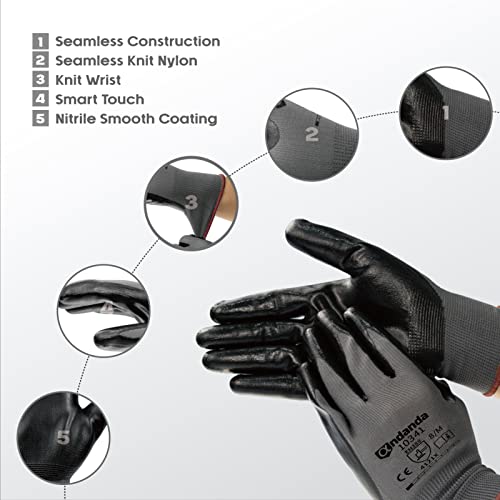 Andanda 24 Pairs Work Gloves, Smart Touch, 3D Comfort Stretch Fit, Nitrile Coated Work Gloves With Grip, Seamless Knit Nylon Work Gloves Men Suitable For Warehousing, Logistics, Handling, Black（L） #TOP1