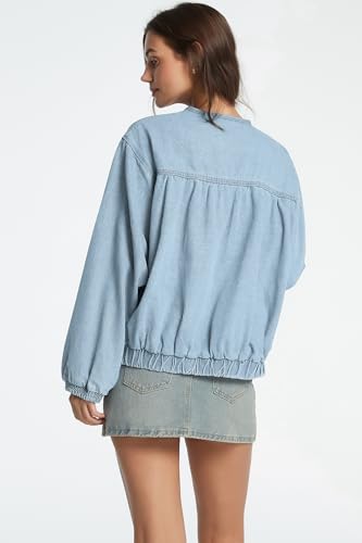 D-Sun Women Denim Jacket Casual Crewneck Long Sleeves Cropped Zip Collarless Jean Shirt Jacket with Pockets4