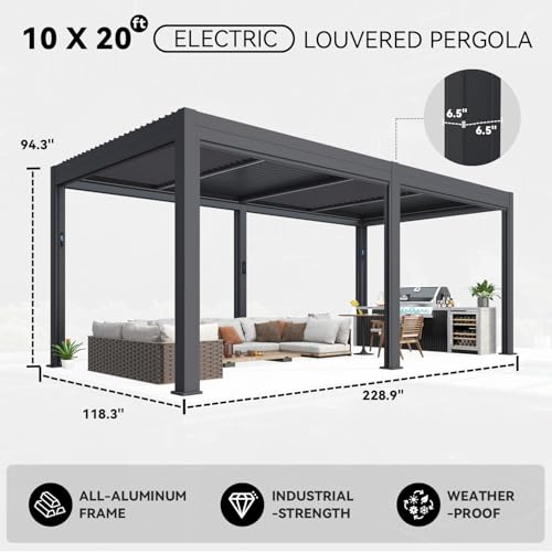 Image of MELLCOM Motorized Louvered Pergola 10x20, Solar & Electric Powered with LED Lights and 6 Side Screens, Aluminum Adjustable Louvered Roof, Weatherproof Outdoor Shelter
