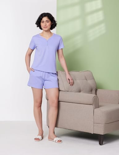 Image of Symbol Premium Women's Pure Cotton T-Shirt and Shorts Night Suit | Henley Neck | Two Piece Set |Regular Fit (Available in Plus Sizes)
