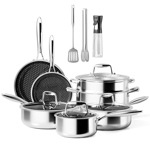 RIOVARM Stainless Steel Pots and Pans Set with Lids, Induction Non-Stick Cookware Set without PFOA, Kitchen Essentials Set, Suitable for Ovens, Frying Pan, Saute Pan, Sauce Pan, Casserole