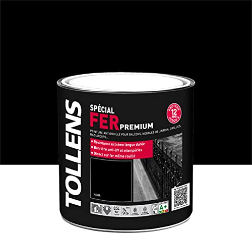 Tollens - Peinture Fer Anti-Rouille - Intérieur et Extérieur - Brillant - Noir Brillant - 0,5 L = 9m2