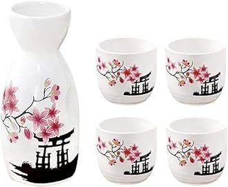 Melbify Japanese Sake Flower Blossom Design Set | 1 Pc Sake Bottle(180 ml) & 4 Pc Sake Cup(45 ml) | Traditional Craftsmen's Hand Painted Design | Tokkuri Carafe & Cups | Ceramic Serving Gift Set