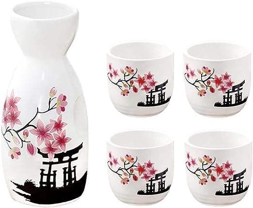 Melbify Japanese Sake Flower Blossom Design Set | 1 Pc Sake Bottle(180 ml) & 4 Pc Sake Cup(45 ml) | Traditional Craftsmen's Hand Painted Design | Tokkuri Carafe & Cups | Ceramic Serving Gift Set