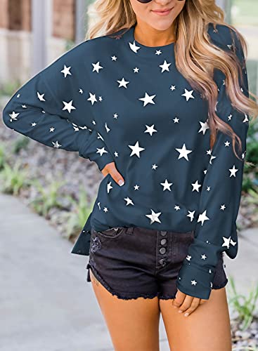 Acelitt Women's Ladies Fall Long Sleeve Crewneck Casual Loose Lightweight Soft Cozy Star Print T-Shirts Sweatshirts Clothing Pullover Tops Blouse Blue Medium #TOP2