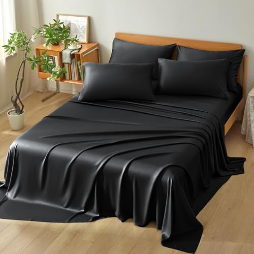 Homiest Queen Sheet Set 4pcs, 100% Rayon Derived from Bamboo Sheets, Cooling & Breathable Bedding for Hot Sleepers, Soft Luxury Sheets with 16" Deep Pocket, Hotel-Grade Silky Comfort (Black) - Thumbnail 5