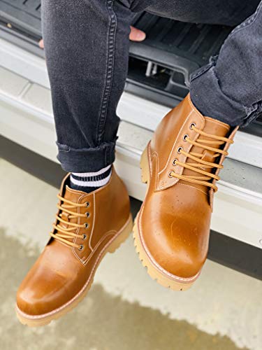 Calto Men's Invisible Height Increasing Elevator Shoes - Brown Premium Leather Lace-Up Round-Toe Work Boots - 3.4 Inches Taller - S8751 - Size 12 D(M) Us #TOP6