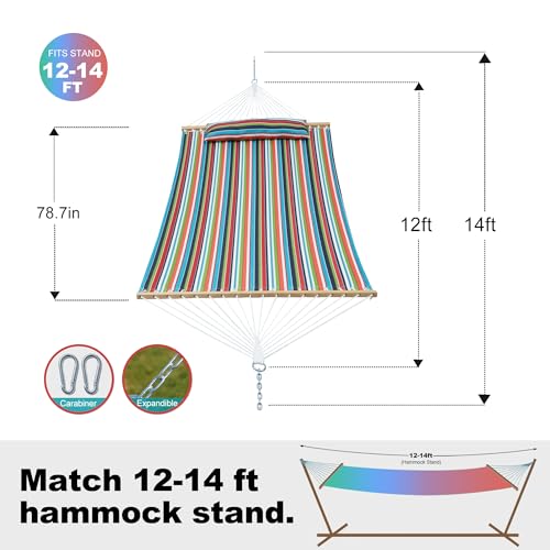 Image of GAFETE Hammock 2 Person Quilted Fabric Hammocks for Outside, Double 12ft Hammocks with Spreader Bar, Large Removable Pillow, Storage Bag, Carabiners, Max 475 lbs Capacity (Tropical)