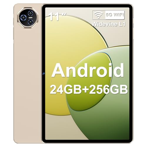 Biegedy - Tablet de 11 pulgadas, Android 14, 8 núcleos, 24 GB RAM + 256 GB de ROM, disco duro TF 1 TB, WideVine L1, WLAN 6, 8000 mAh, 5+13 MP, Bluetooth 5.0, 1280 x 800 px, cubierta de metal, dorado