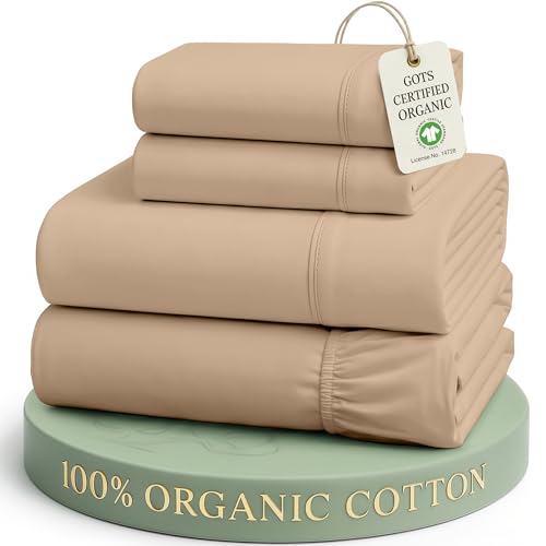 Image of LANE LINEN 100% Organic Cotton Sheets Set, Pure Organic Cotton Long- Staple Percale Weave Ultra Soft Best- Bedding Sheets for Bed, GOTS Certified, Fits Mattress Upto 15in. Deep Pocket (Full, Taupe)