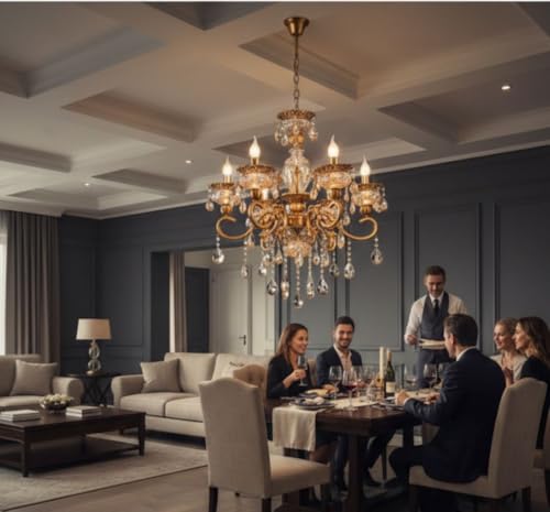 Image of Sanleen 6 Light Glass Candle Chandelier - 24 Inch Antique Modern Contemporary Ceiling Hanging Light, Luxury Jhumar for Living Room, Dining Room & Home Decor Lighting (Bulb Included)(Design 4)