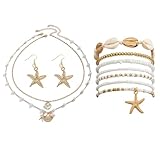 Azusa Sun Shell Starfish Necklace Earrings Bracelets Boho Summer Beach Seashell Layered Charm Necklace Beaded Bracelet for Women Holiday Jewelry Set - Style A