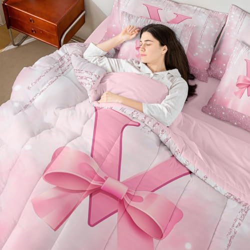 Image of Feelyou Boys Girls Pink Bowknot 7 Pieces Bedding Set King Size, Personalized Initial V Bed in A Bag Kids Princess Glitter Comforter Set with Sheets Bow Monogrammed Teens Bed Set Bedroom Decor 7Pcs
