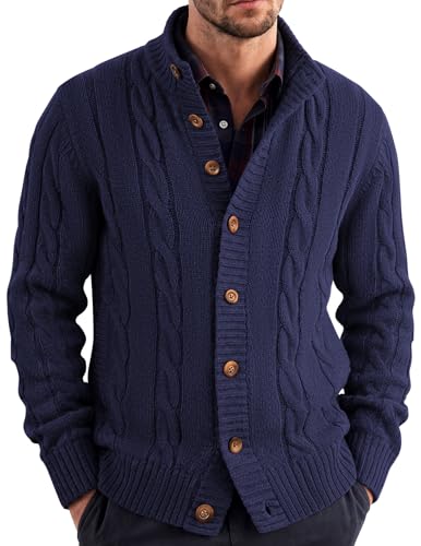 COOFANDY Men's Cardigan Sweater with Pockets Slim Fit Stand Collar Cardigan Casual Cable Knitted Button Down Sweater Navy Blue