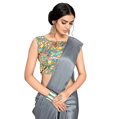Image of Women Soft Satin Silk Plain Saree With Art Silk Digital Printed Unstiched Blouse Piece.(Heavy Japan Satin Silk Saree of 5.5m saree length + 0.8m blouse piece)