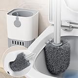 NiuLumea Juego de escobilla y soporte para inodoro con cerdas hemisféricas de 360°, mango largo de aleación de aluminio, diseño de pared o de pie, varilla de acero inoxidable, cajón de drenaje