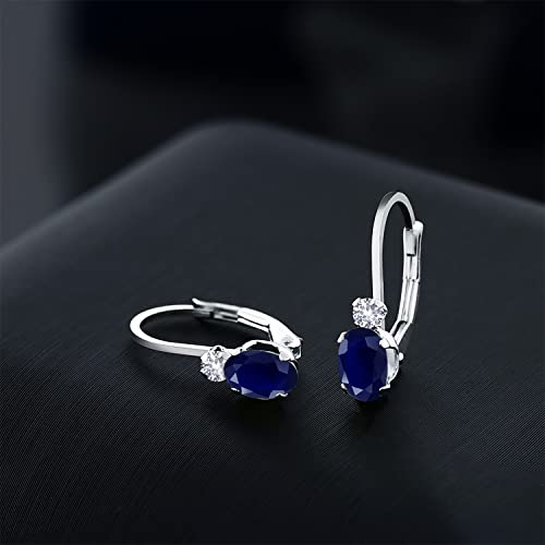 Gem Stone King 14K White Gold Blue Sapphire and White Created Sapphire Leverback Earrings For Women | 1.18 Cttw | Gemstone September Birthstone | Oval 6X4MM, Round 2MM | 3/4 Inch4