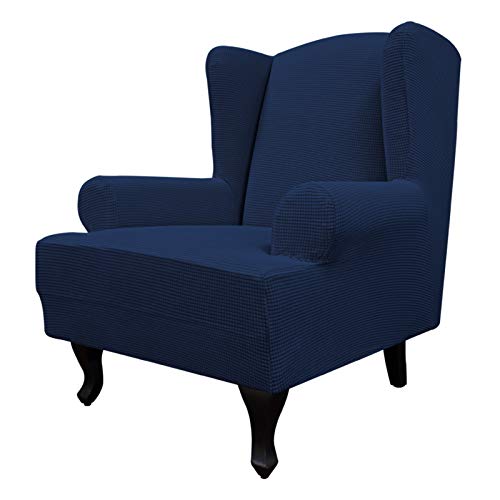 Image of Easy-Going Stretch Large Wingback Chair Sofa Slipcover Navy | 1-Piece Sofa Cover Furniture Protector Couch Soft with Bottom, Spandex Jacquard