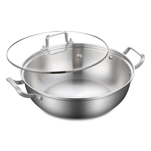 Image of Yeksum Tri-Ply Stainless Steel Saute Pan,Deep Frying Pan with lid,Compatible with All Cooktops Up to 650℉, Everyday Pan,Hot Pot,Kadhai,Induction Cooking Pot,Dishwasher and Oven Safe. (3.5QT)