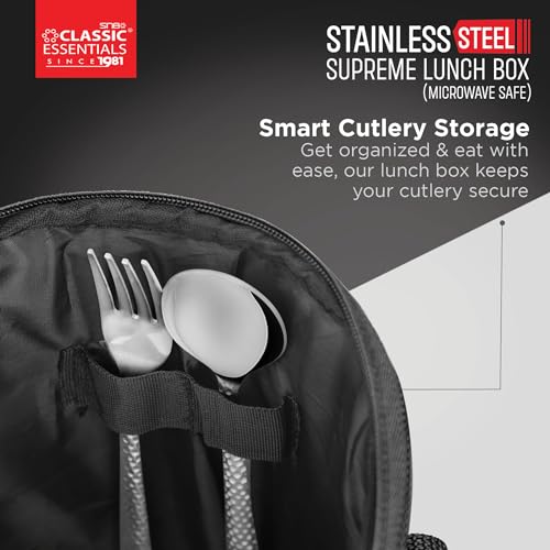 Image of CLASSIC ESSENTIALS Supreme All in One Lunch Box with Insulated Bag | Microwave Safe Containers with Steel Inner | Leak Resistant (Without Bottle, Black, 3 Containers)