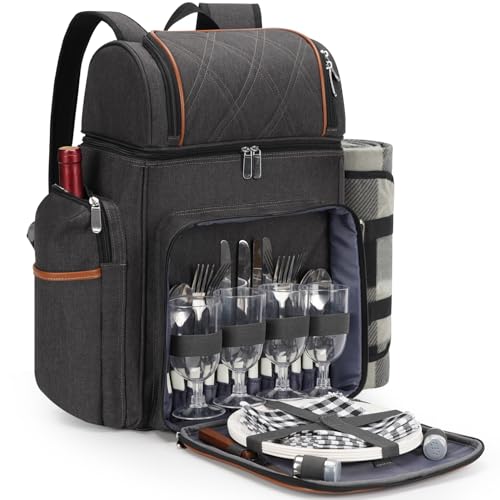 Picknickryggsäck för 4, picknickkorgsset, läckagesäker picknickväska, strandkylare ryggsäck med isolerad kylare vinpåse, picknickfilt, dubbeldäcks picknickryggsäck för stranden, camping, park (brun)