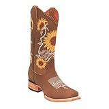 Women’s Square Toe Leather Cowgirl Cowboy Boot Sunflower Floral Embroidered Western Boots (8, Tang)