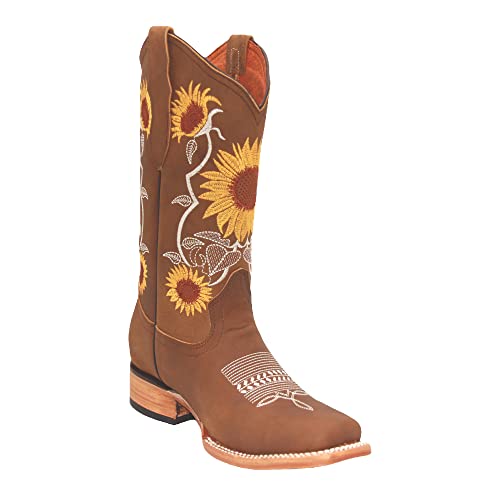 Women’s Square Toe Leather Cowgirl Cowboy Boot Sunflower Floral Embroidered Western Boots - Main Image