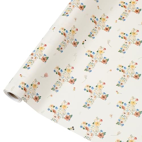 Floral Religious Wrapping Paper Roll Mini Roll-17 Inches * 32.8 Feet Cross Design Wrap Paper for Women Girls for First Communions Baby Girl Baptisms Christenings Religious Occasion Clergy Day 1 Roll