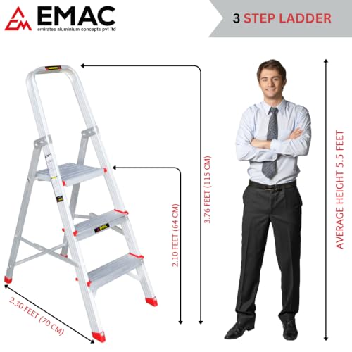 Image of EMAC Aluminium 3 Steps Folding Ladder for Home, Shop & Office Use Slip Resistant Step Aluminium Ladder (with Platform)