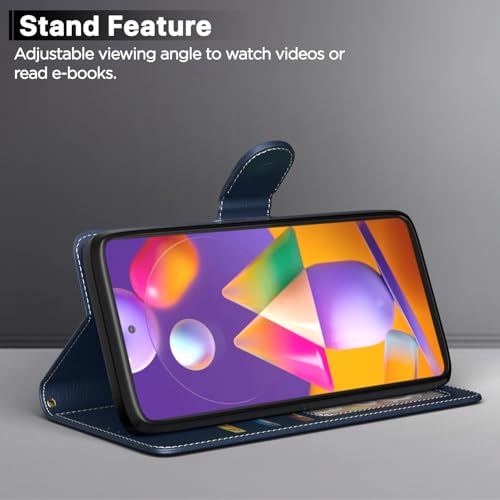 Image of Amazon Basics Flip Cover for Samsung Galaxy S20 FE / S20 FE 5G | Wallet Style & Stand | Dual-Tone PU Leather Finish | Magnetic Flip Case (Blue & Brown)