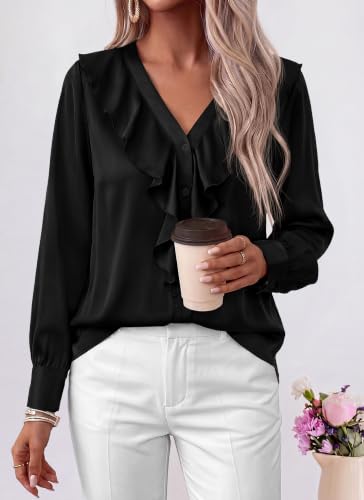 dowerme Womens Long Sleeve Tops Satin Ruffle Button Shirts - image 2