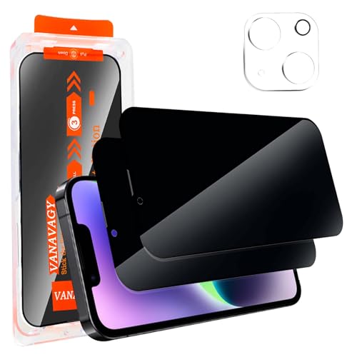 VANAVAGY 2 Pack Privacy Glass Screen Protector for iPhone 14 plus, [2 Pack Camera Lens Protector] [Easy Installation] Plating Film with Frame Full Coverage Case for Apple 14 plus