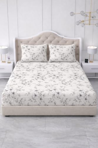 Image of 300 TC Cotton Feel Glace Cotton Elastic Fitted Bedsheet for King Size Double Bed | Fits up to 8 Inch Mattress | Printed Bedsheet with 2 Pillow Covers (White Black, King Size - 72 inchx78 inch)