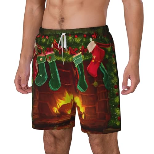 Merry Christmas Print Men's Double Layer Swim Trunks,Athletic Beach Shorts,Adjustable Drawstring Waist2